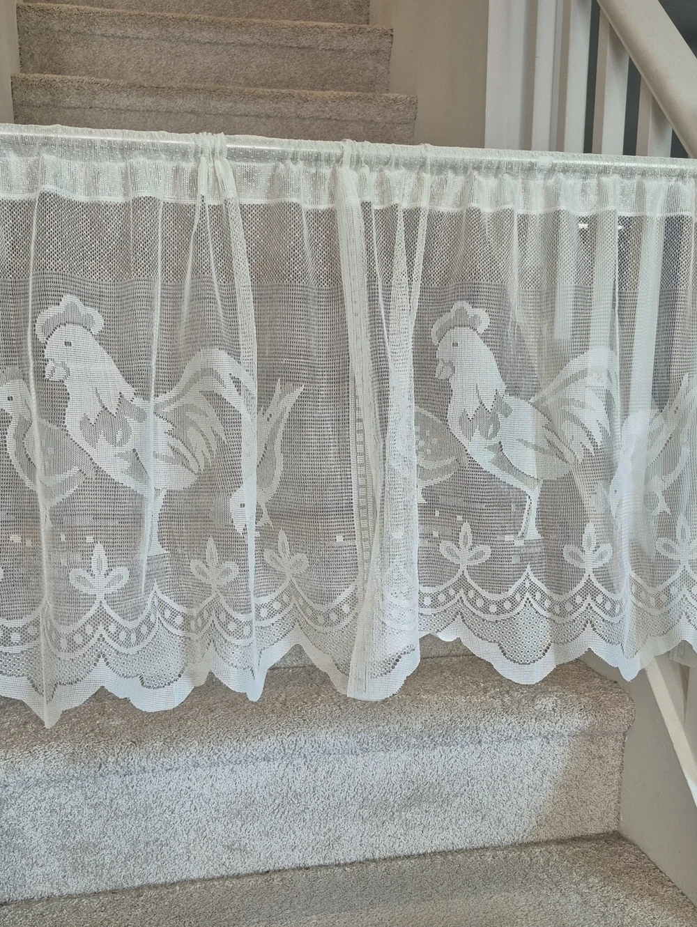 White Lace Rooster & Hen Curtain Panel Pair